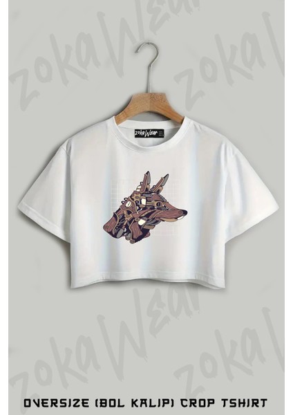 Steampunk Kurt Tasarım Baskılı Oversize Crop T-Shirt