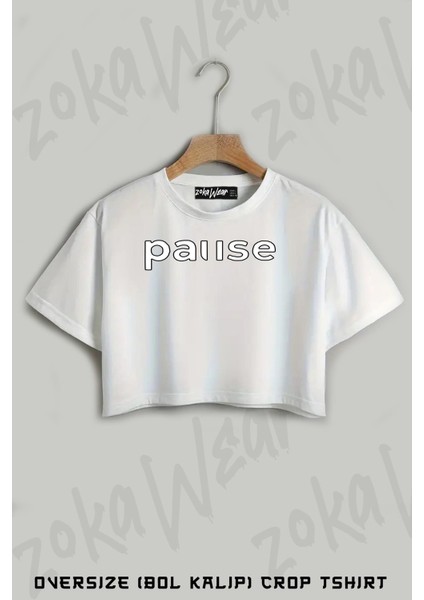 Pause Baskılı Oversize Crop T-Shirt