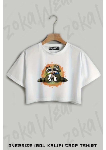 Aşık Rakunlar Baskılı Oversize Crop T-Shirt