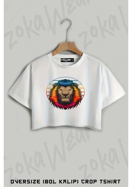 Renkli Aslan Baskılı Oversize Crop T-Shirt