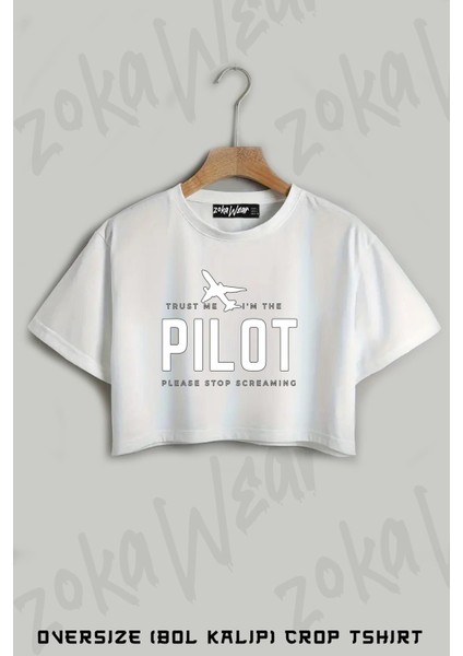 Pilot, Uçak, Airplane Baskılı Oversize Crop T-Shirt