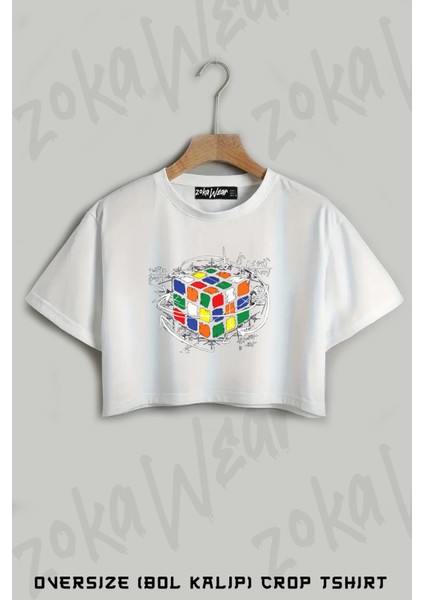 Solving Rubiks Cube Rubik Kupu Baskılı Oversize Crop T-Shirt