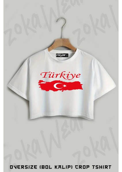 Türkiye Haritalı ve Bayraklı Baskılı Oversize Crop T-Shirt