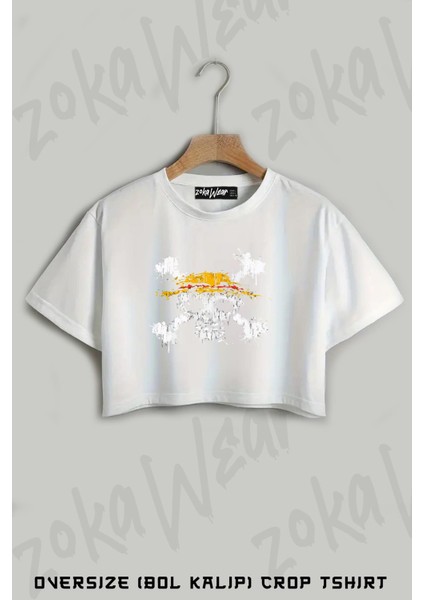 One Piece Hasır Şapka Amblemi Baskılı Oversize Crop T-Shirt