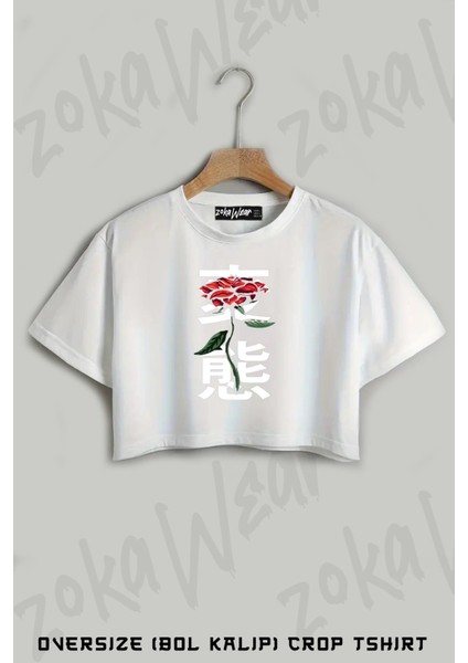 Japon Alfabesi ve Çiçek Baskılı Oversize Crop T-Shirt