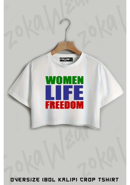 Women Life Freedom Kadınlara Yaşam Özgürlüğü Baskılı Oversize Crop T-Shirt