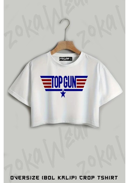 Top Gun Baskılı Oversize Crop T-Shirt