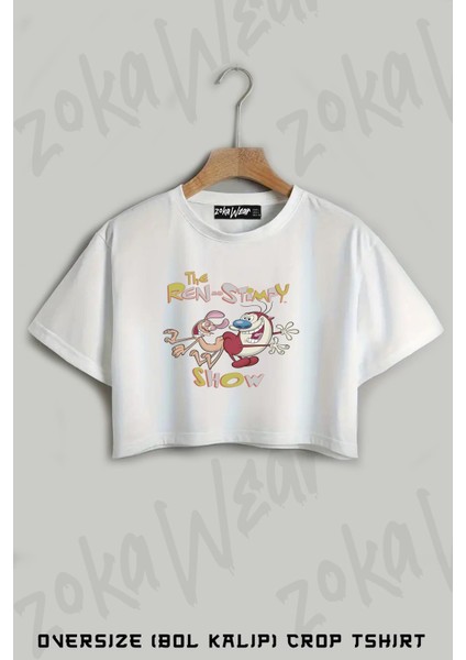 Ren And Stimpy Classic Vintage Tv Baskılı Oversize Crop T-Shirt