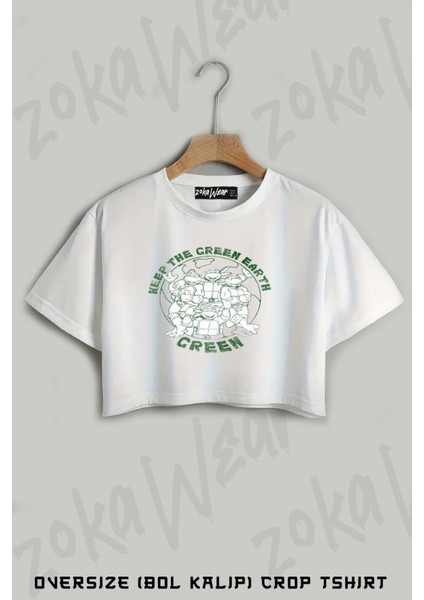 Teenage Mutant Ninja Turtles Earth Day Green Earth Baskılı Oversize Crop T-Shirt