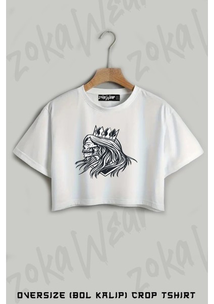 Vikings Kraliçe Kadın Iskelet Baskılı Oversize Crop T-Shirt