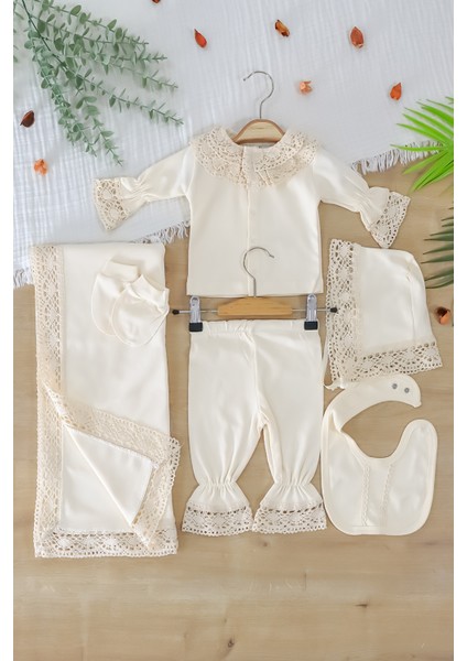 Kız Bebek Natural Pamuk Kumaş 6 Li Dantelli Lüks Battaniyeli Hastane Çıkışı Zıbın Seti STL7019 modelleri