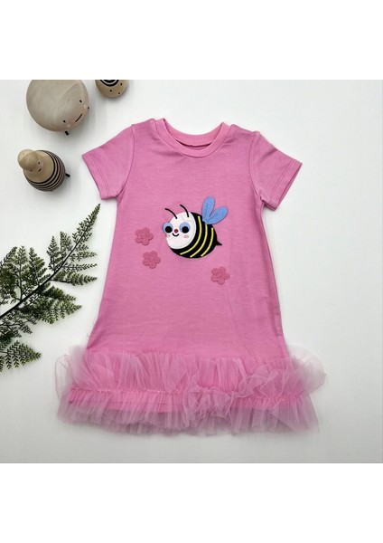 1-2-3 Yaş Arıcık Nakışlı Eteği Fırfırlı Jile Kız Çocuk Elbisesi Pembe