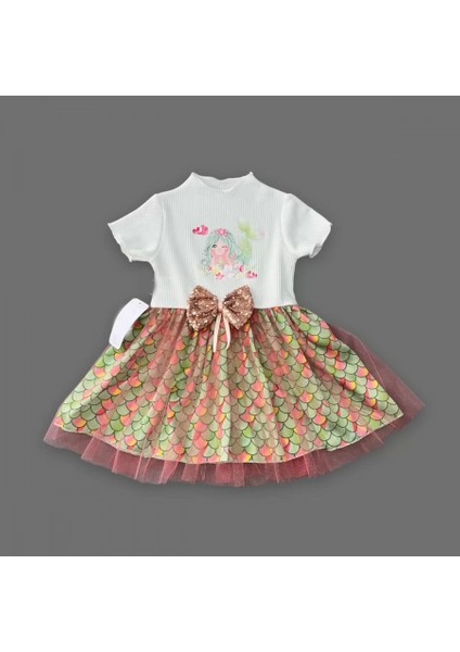 1-2-3 Yaş Denizkızı Baskılı Pul Desen Etekli Kız Bebek Elbisesi Ekru fiyatları