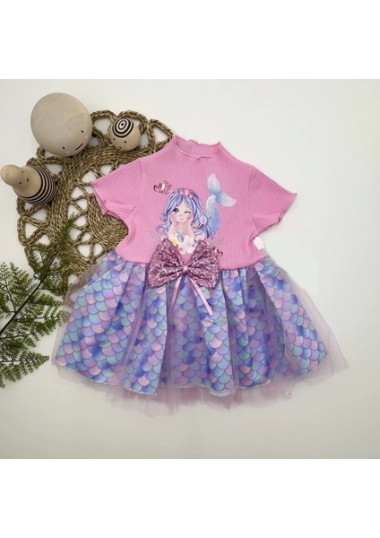 1-2-3 Yaş Denizkızı Baskılı Pul Desen Etekli Kız Bebek Elbisesi Pembe