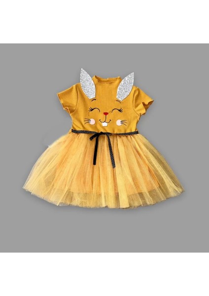 1-2-3 Yaş Payetli Kulak Tavşan Baskılı Kız Bebek Elbisesi Hardal
