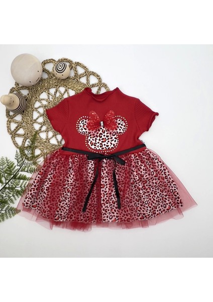 1-2-3 Yaş Fiyonklu Mickey Astarlı Etekli Kız Bebek Tütü Elbisesi Kırmızı