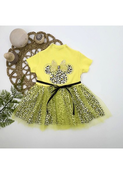 1-2-3 Yaş Fiyonklu Mickey Astarlı Etekli Kız Bebek Tütü Elbisesi Sarı