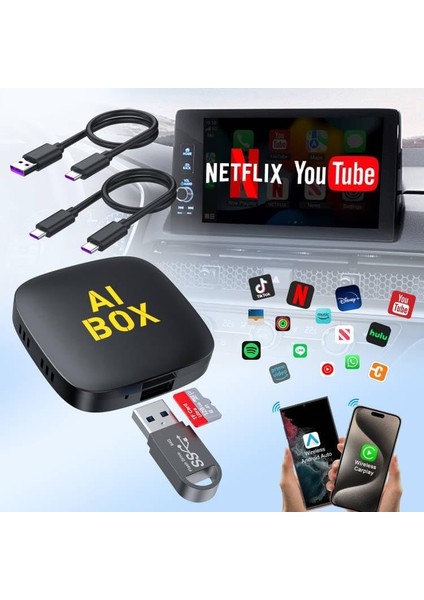 Kablosuz Carplay & Android Auto AI Box 3in1 Video Oynatmalı 4GB+32GB Youtube,Netflix,Google Play,Bein Connect