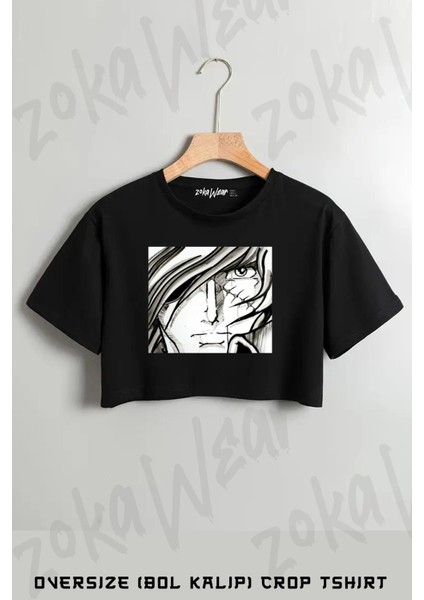 Albator Pirate Space Black And White Portrait Scar Baskılı Oversize Crop T-Shirt