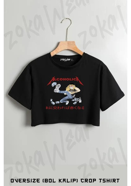 Alcoholica Illustration Baskılı Oversize Crop T-Shirt