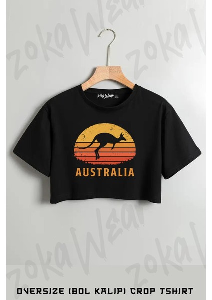 Australia Retro Kangaroo Baskılı Oversize Crop T-Shirt