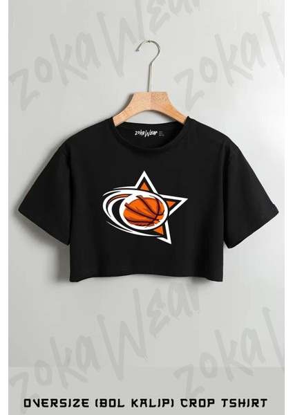 Basketbol Topu Baskılı Oversize Crop T-Shirt