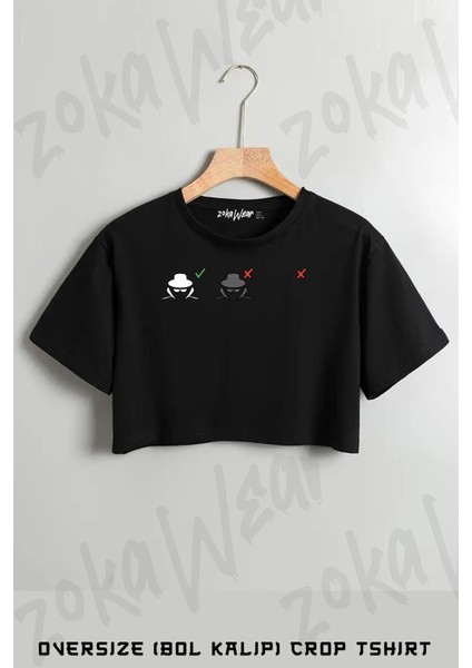 Hacker Baskılı Oversize Crop T-Shirt