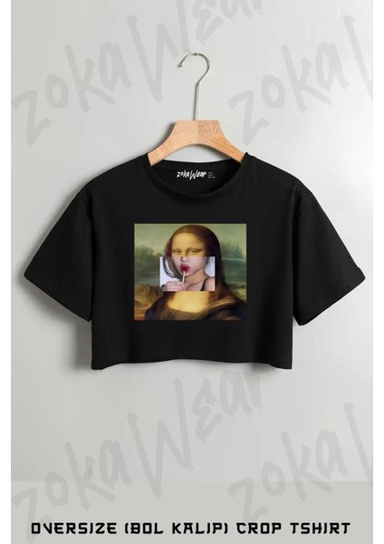 Mona Lisa Lollipop Baskılı Oversize Crop T-Shirt