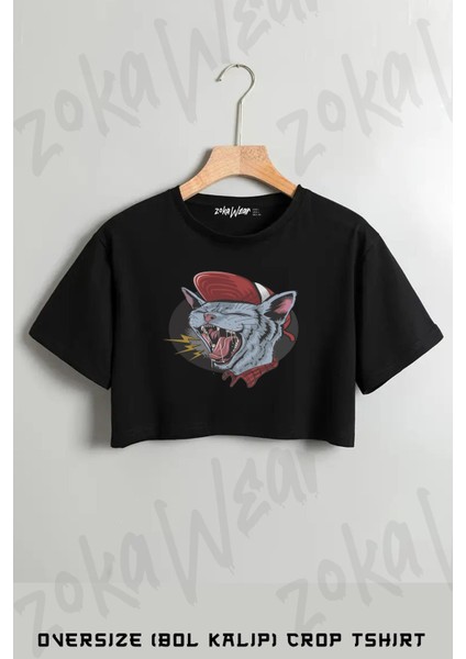 Bağıran Kedi Baskılı Oversize Crop T-Shirt