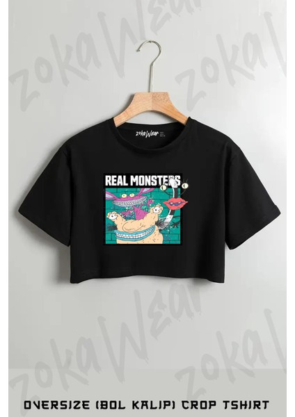 Aaahh!!! Real Monsters Baskılı Oversize Crop T-Shirt