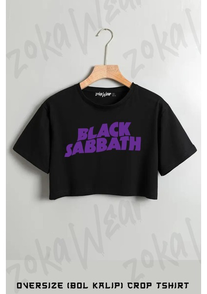 Black Sabbath Logo Mor Baskılı Oversize Crop T-Shirt