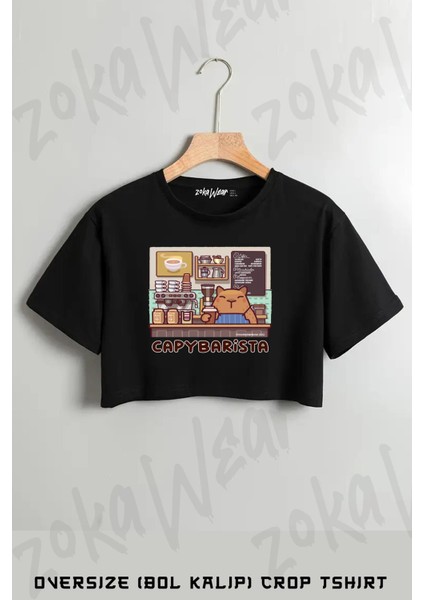 Capybarista Baskılı Oversize Crop T-Shirt