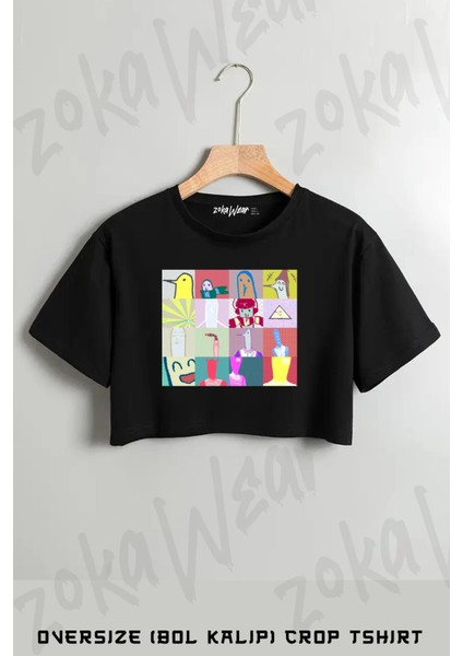 Punpun Grid Print Baskılı Oversize Crop T-Shirt