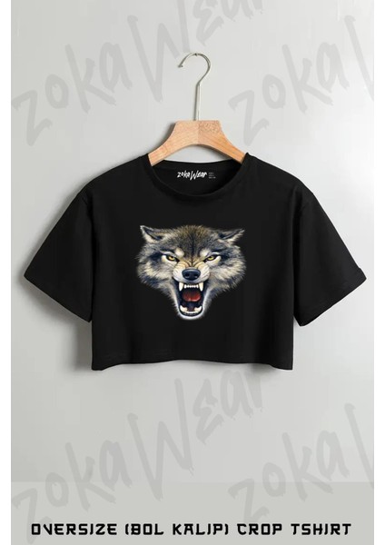 Rage Wolf Kurt Baskılı Oversize Crop T-Shirt