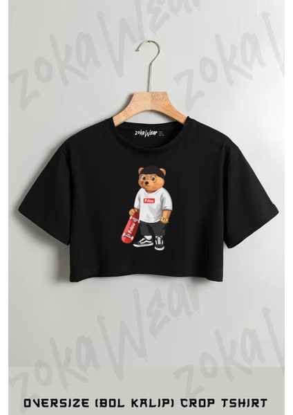 Stil Kaykaycı Ayı Teddy Bear Baskılı Oversize Crop T-Shirt