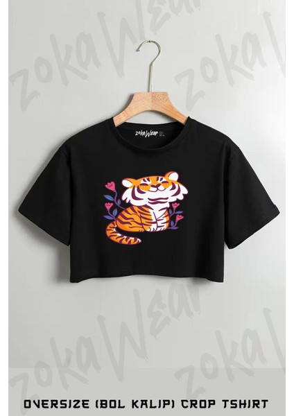 Flower Tiger Baskılı Oversize Crop T-Shirt