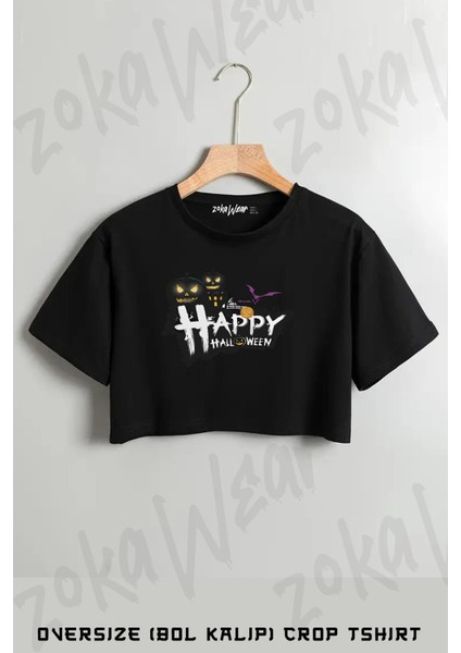 Halloween Happy Baskılı Oversize Crop T-Shirt