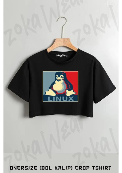 Linux Tux Penguin Obama Poster Baskılı Oversize Crop T-Shirt
