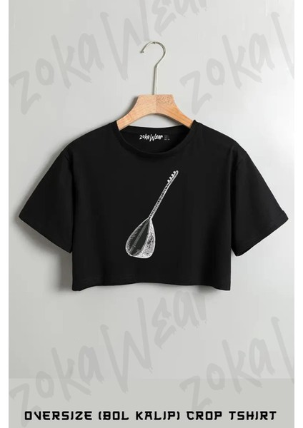 Saz Baskılı Oversize Crop T-Shirt