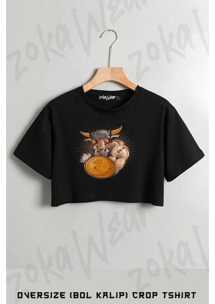 Bitcoin Coin Kripto Para Boğa Baskılı Oversize Crop T-Shirt