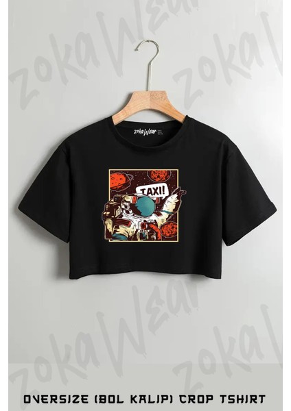 Astronot Uzay Temalı Taksi Baskılı Oversize Crop T-Shirt