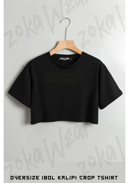 Boş Yapma Baskılı Oversize Crop T-Shirt