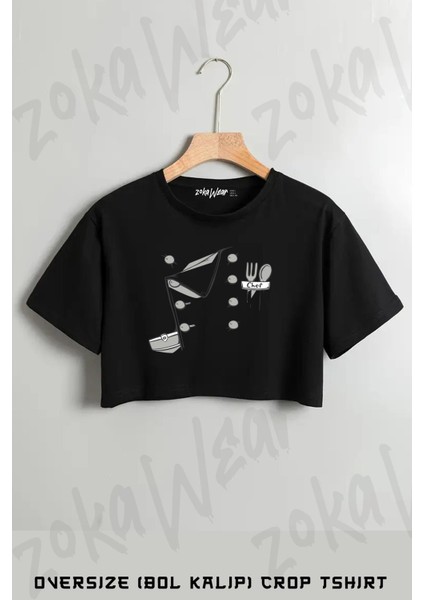 Cheff Spoon And Fork Illustrasyon Çizim Baskılı Oversize Crop T-Shirt