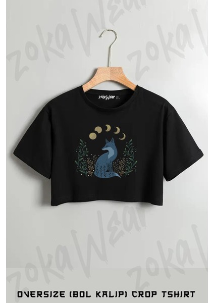 Night Fox Tilki Baskılı Oversize Crop T-Shirt