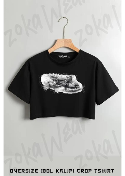 Muhammed Ali Boks Baskılı Oversize Crop T-Shirt