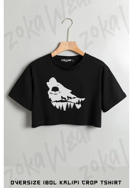 Kurt Sürüsü Baskılı Oversize Crop T-Shirt