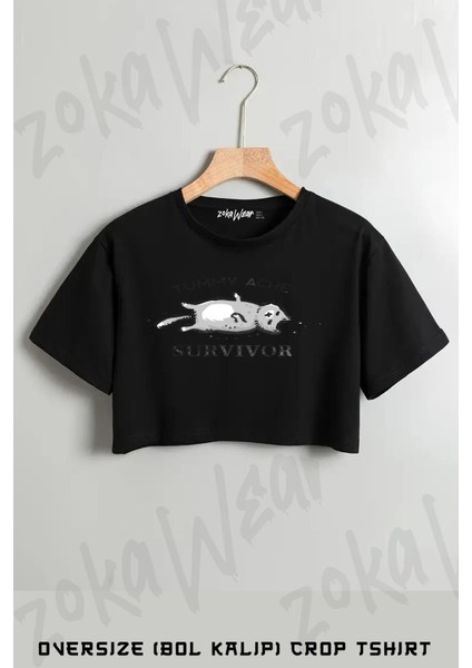 Tummy Ache Survivor Baskılı Oversize Crop T-Shirt