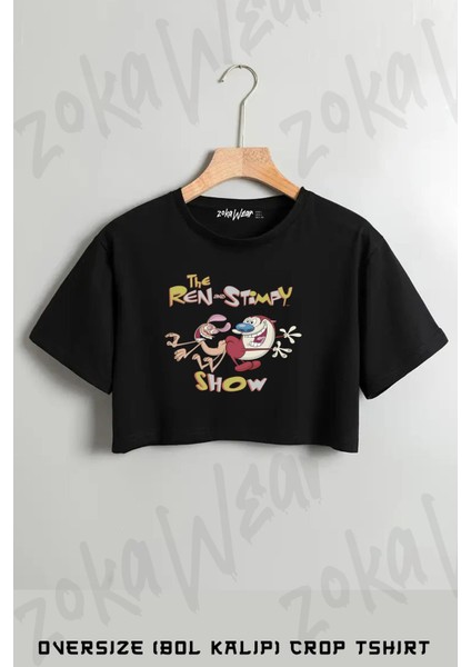 Ren And Stimpy Classic Vintage Tv Baskılı Oversize Crop T-Shirt