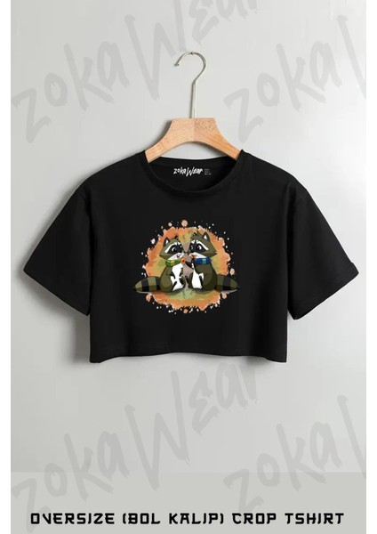 Aşık Rakunlar Baskılı Oversize Crop T-Shirt