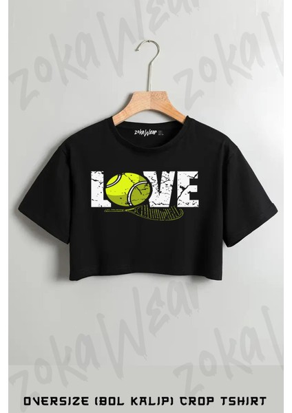 Tenis Love Raket ve Top Baskılı Oversize Crop T-Shirt